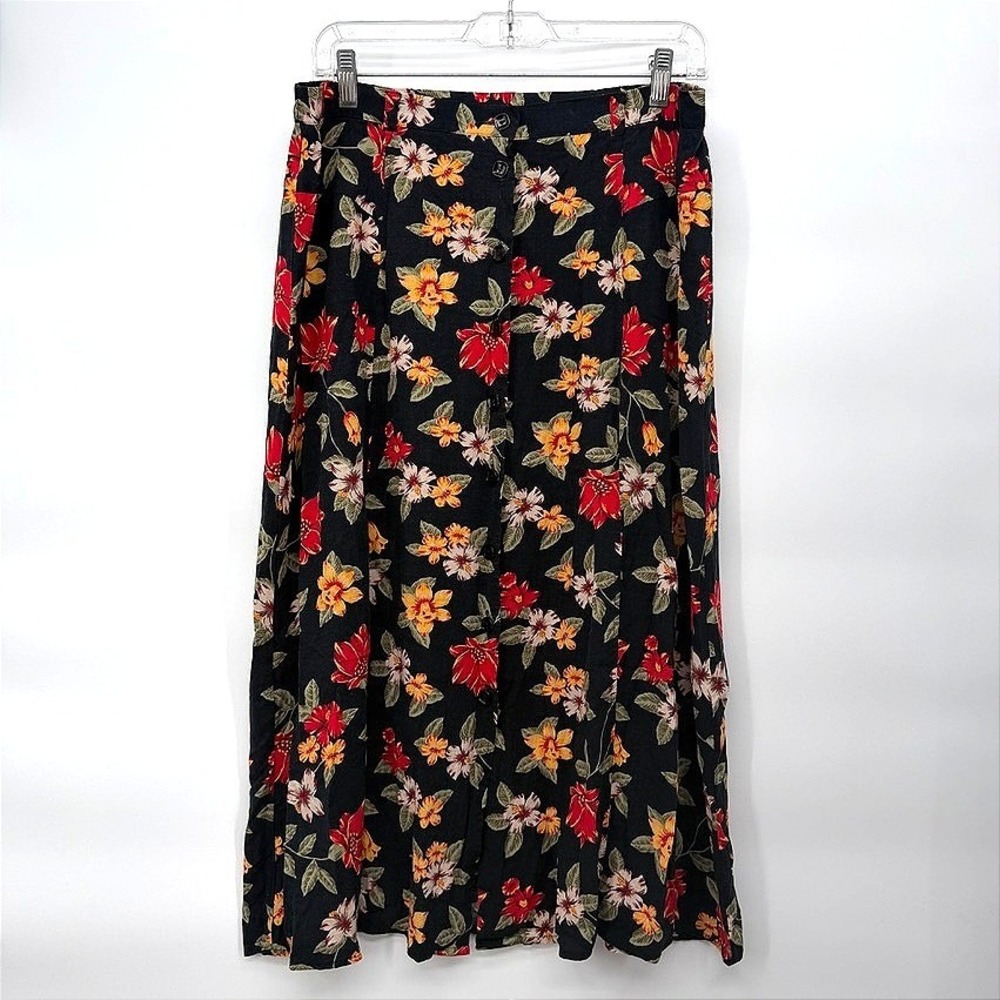 Sag Harbor Petite Maxi Skirt Black Floral Button‎ Front Rayon Casual Tropical PL